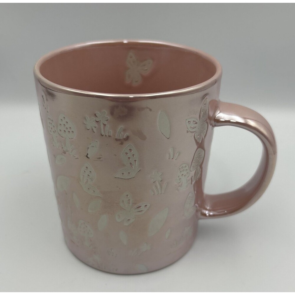 Prima Design Iridescent Pink Coffee Mug Mushrooms & Butterflys - EUC